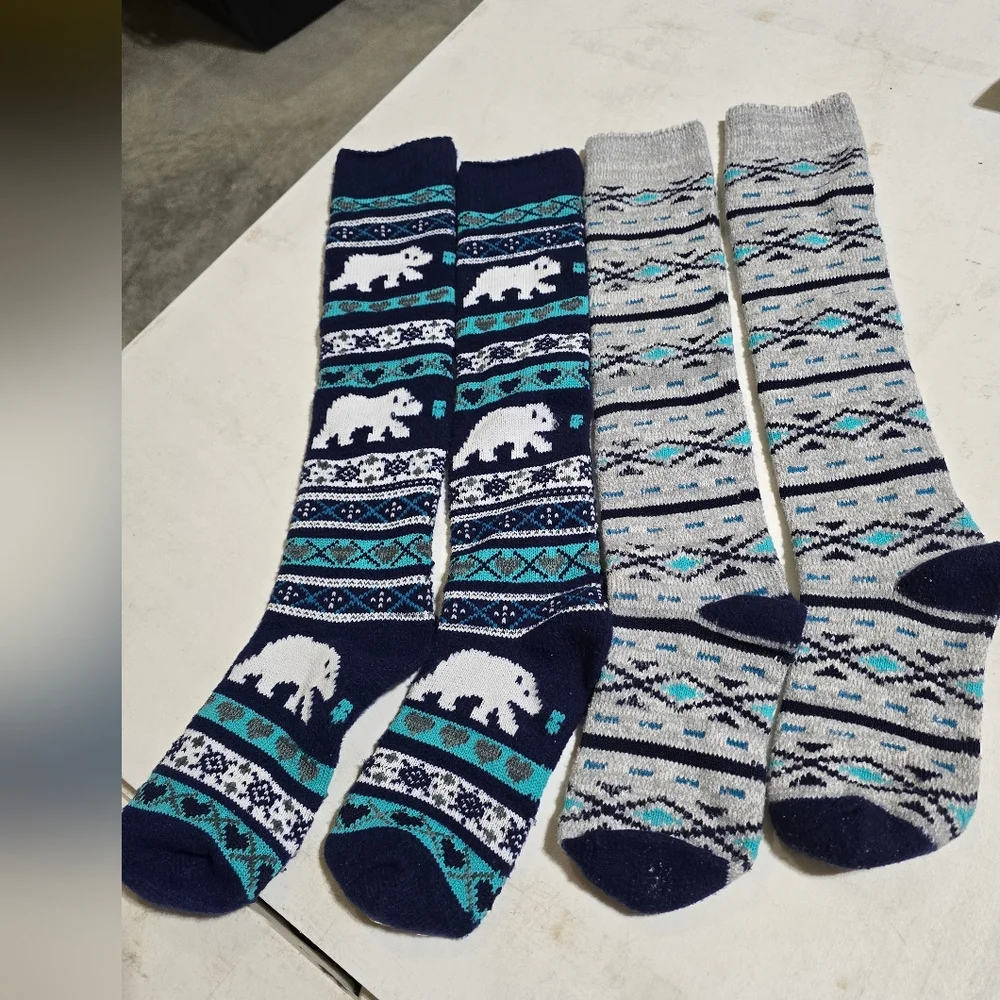 Polar Bear Plaid Warm, Thick Socks - Blue/Gray Striped, Polar Bear, Like NEW